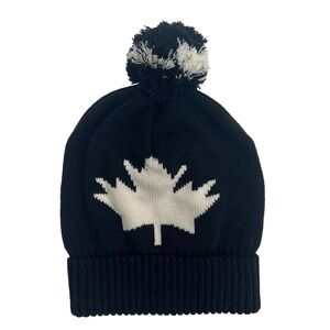 Cotton Country Canadian Black White Maple Leaf Pom Pom Beanie Hat Made in Canada